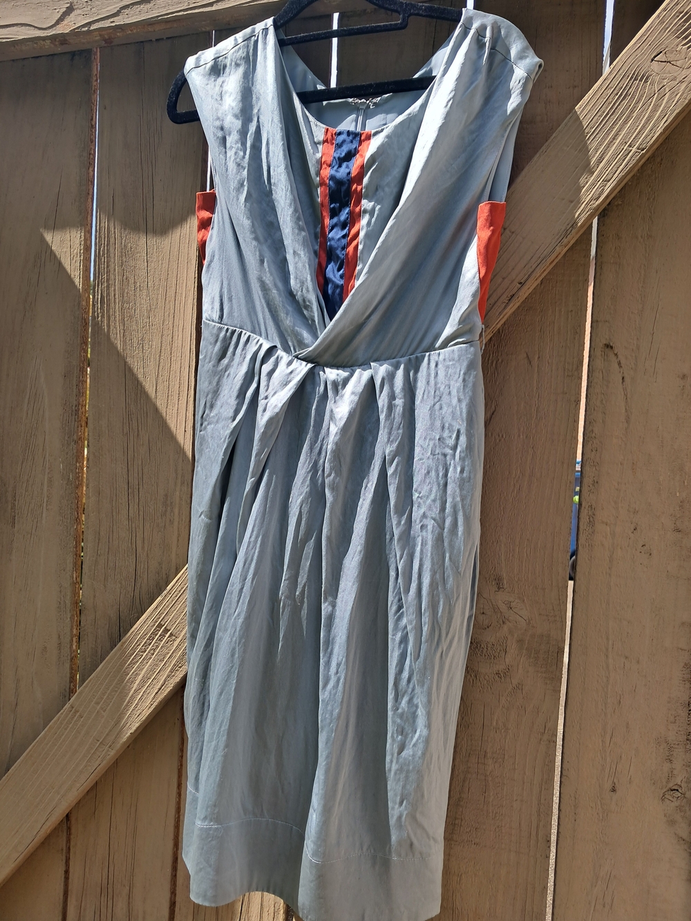 Vintage 100% Silk Lt Blue Sleeveless Dress with Orange & Navy Accents EUC